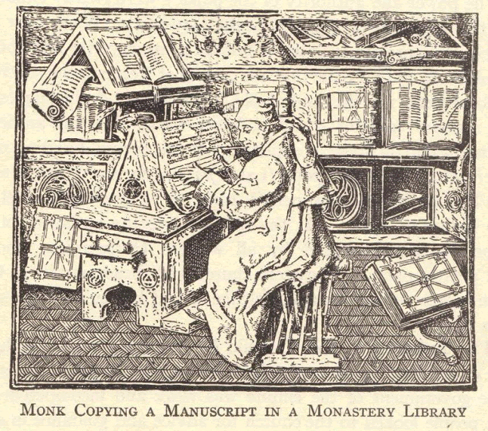 Medieval Monk Copying a Manuscript in a Monastery Library