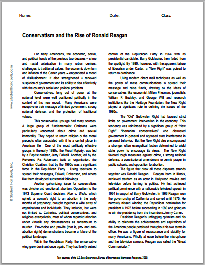 Conservatism and the Rise of Ronald Reagan - Free printable reading with questions for high school United States History students.