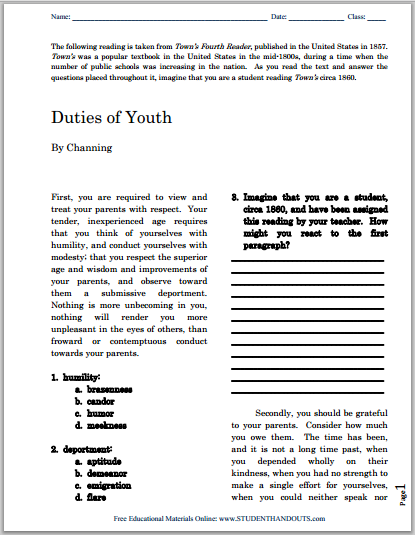 Duties of Youth (1857), DBQ - Primary source reading with questions is free to print (PDF file).