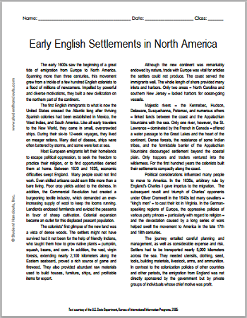"Early English Settlements in North America" Reading with Questions for High School United States History Students