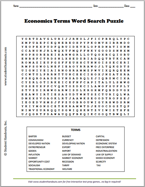 Economics Terms Word Search Puzzle - Worksheet is free to print (PDF file).