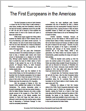 "The First Europeans in the Americas" Reading with Questions for High School United States History Students