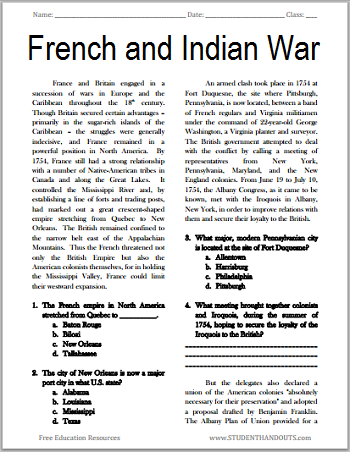 The French and Indian War - Free printable reading with questions for high school United States History students.