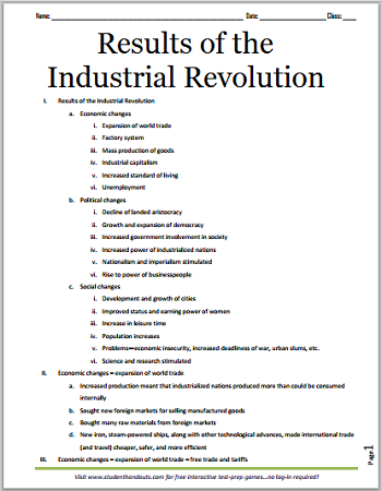 Results of the Industrial Revolution - Free printable outline for high school World History students.