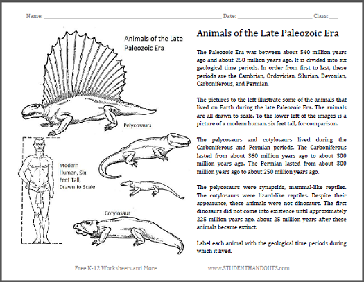 Animals of the Late Paleozoic - Free printable worksheet for elementary science students.