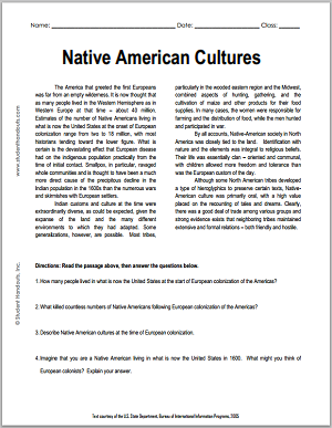 "Native American Cultures" Reading with Questions for High School United States History Students