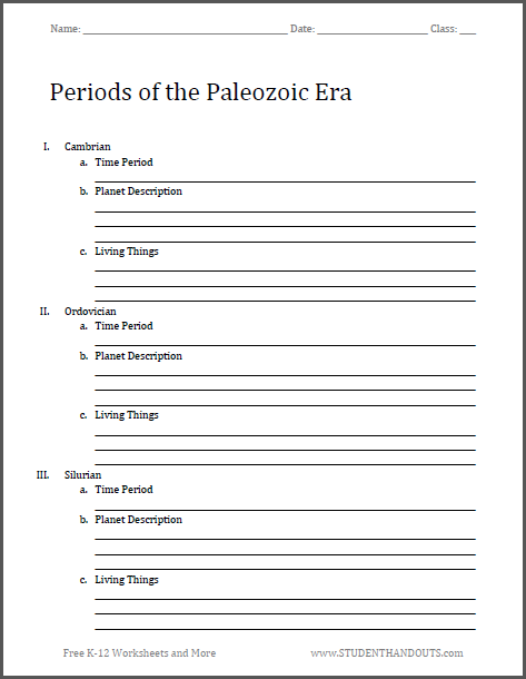 Periods of the Paleozoic Era - Free printable blank outline worksheet (PDF file).