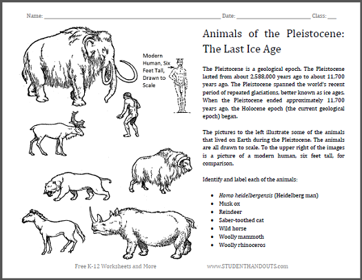 Pleistocene Epoch Animals Worksheet - Free to print (PDF file).