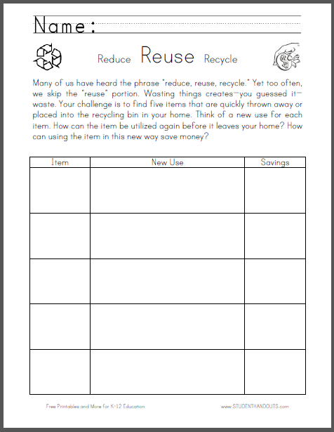 Reduce, Reuse, Recycle Worksheet for Thrift Week - Free to print (PDF file).