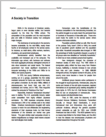 A Society in Transition - Printable reading with questions for high school United States History classes. Free to print (PDF file).