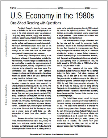 U.S. Economy in the 1980s - Free printable reading with questions for high school United States History students.