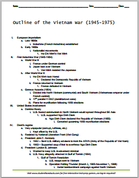 Vietnam War Outline: Facts and Timeline - Free to print (PDF file) for high school United States History students.
