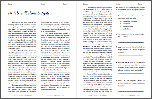 A New Colonial System - Free printable reading with questions for U.S. History students.