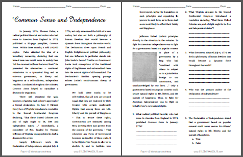 Common Sense and Independence - Free printable reading with questions for U.S. History.