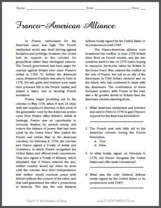 Franco-American Alliance - Free printable reading with questions on the American Revolution.