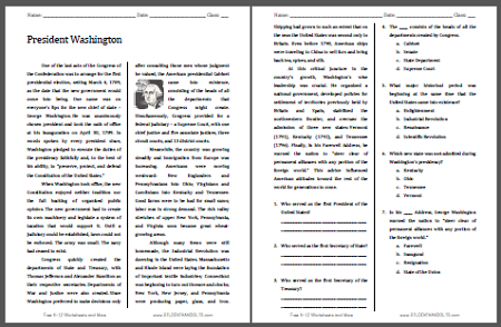 President Washington - American History reading with questions for high school (PDF file).