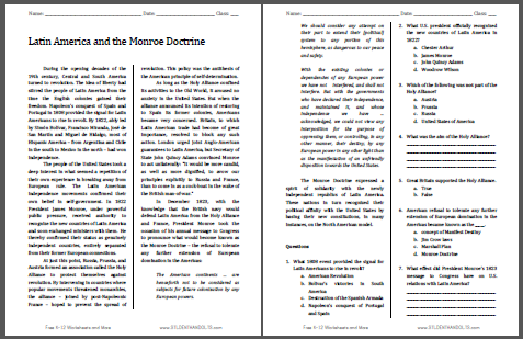 Latin America and the Monroe Doctrine - Free printable reading with questions (PDF file) for high school United States History students.
