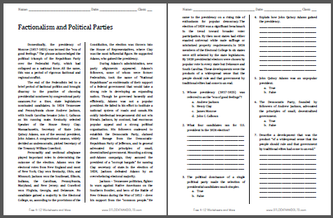 Factionalism and Political Parties - Free printable reading with questions (PDF file) for high school United States History students.