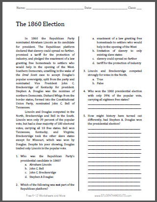 The 1860 Election - Free printable reading with questions for high school United States History students (PDF file).
