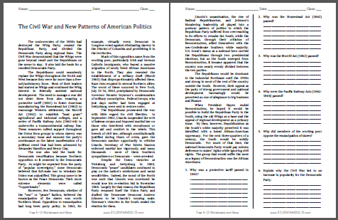 Civil War and New Patterns of American Politics Reading with Questions - Worksheet is free to print (PDF file) for high school United States History classes.