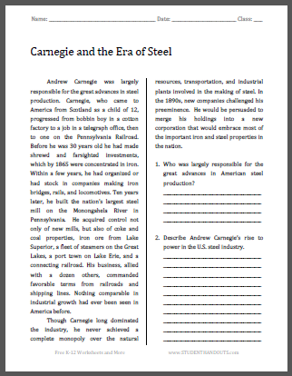 Carnegie and the Era of Steel - Free printable reading with questions for high school United States History students.