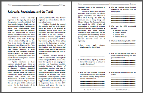 Railroads, Regulations, and the Tariff Reading with Questions - Free to print (PDF file) for high school American History classes.