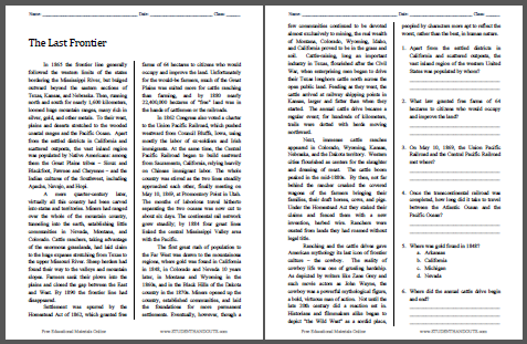 The Last Frontier - Free printable reading with questions worksheet for high school United States History classes.