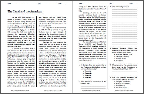 Panama Canal and the Americas Reading with Questions - Free to print (PDF file) for high school United States History students.