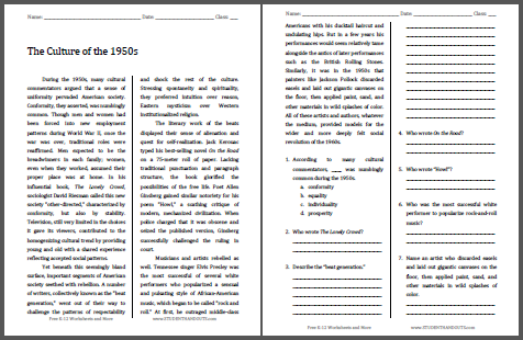 Culture of the 1950s Reading with Questions - Free to print (PDF file).