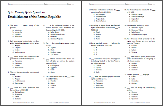 Quick Pop Quiz: Roman Republic - Free to print (PDF file). Twenty multiple-choice questions.