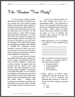 The Boston "Tea Party" - Reading with questions for high school United States History.