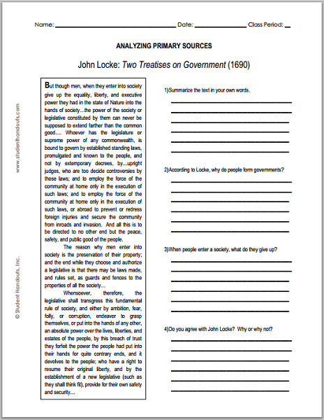 DBQ Worksheet on John Locke's Two Treatises on Government