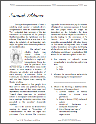Samuel Adams Reading with Questions for High School American History
