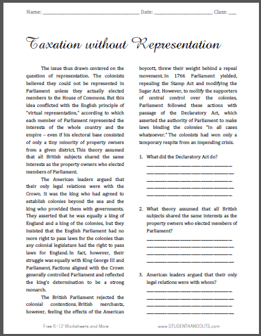 Taxation without Representation - Free printable reading with questions for high school United States History students.