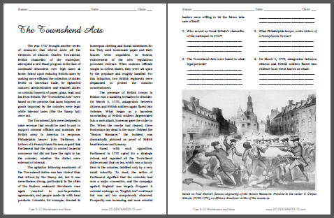"The Townshend Acts" Reading with Questions for High School United States History Students