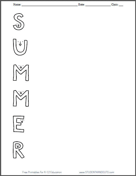 Free Printable Summer Acrostic Worksheet (PDF File)