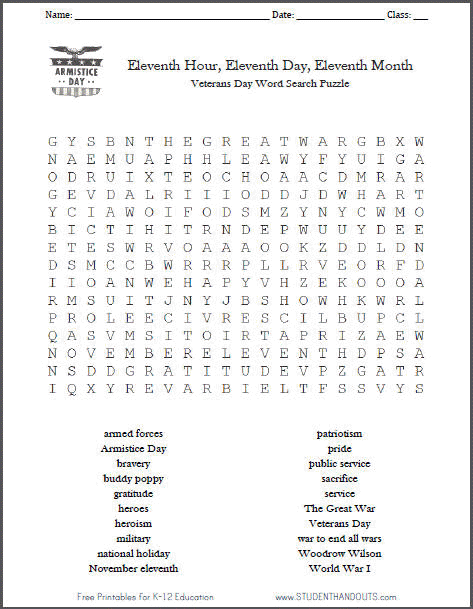 Free Printable Veterans Day Word Search Puzzle