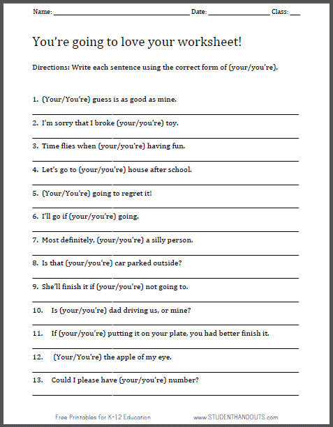 Free Printable Your/You're Worksheet for ELA