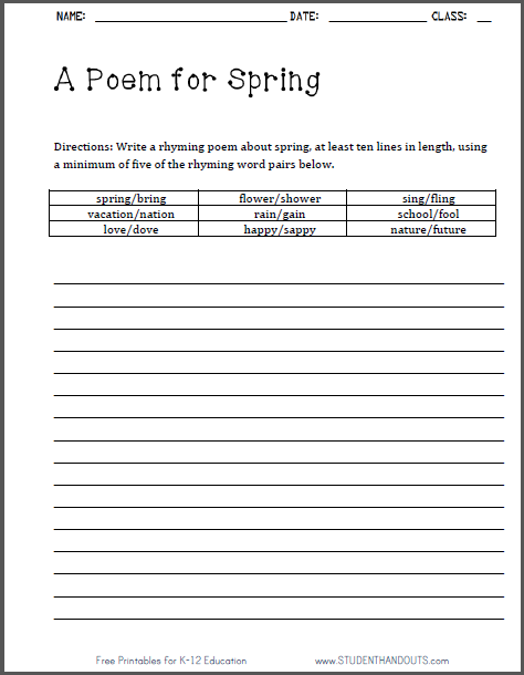 A Poem for Spring - Poetry writing worksheet is free to print (PDF file).
