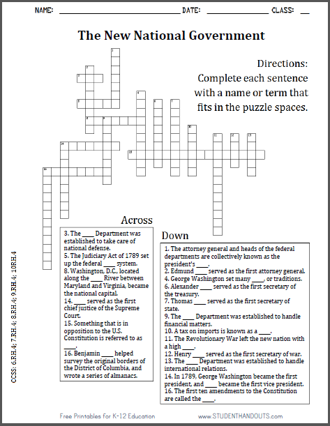 New National Government Crossword Puzzle - Free to print (PDF files).