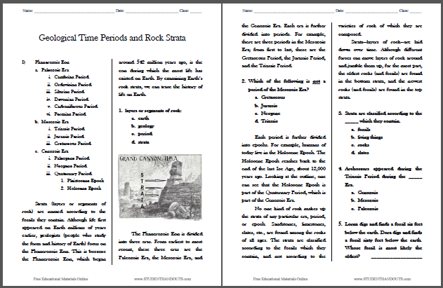 Geological Time Periods and Rock Strata Worksheet - Free to print (PDF file) for upper elementary students.