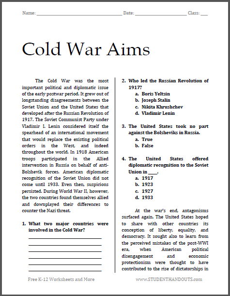 Cold War Aims Reading with Questions for High School United States History Students (PDF File)