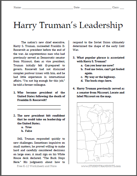 Harry Truman's Leadership - Free printable reading with questions (PDF file) for high school United States History students.