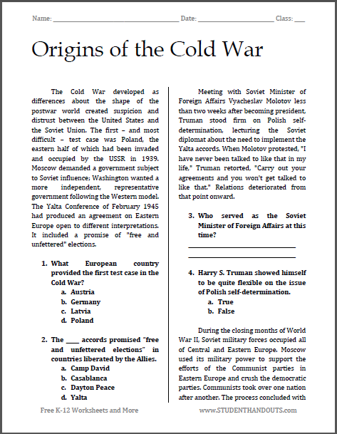 Origins of the Cold War - Free printable reading with questions (PDF file) for high school United States History students.