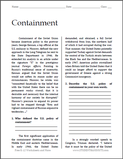 Containment in the Cold War - Free printable reading with questions for U.S. History classes.