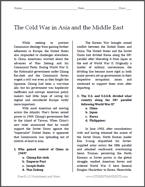 Cold War in Asia and the Middle East Reading with Questions - Free to print (PDF file).