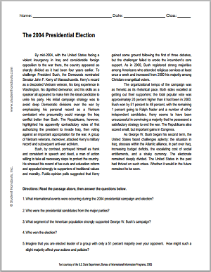 "The 2004 Presidential Election" Reading with Questions for High School United States History Students