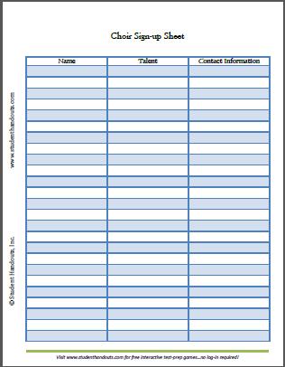 Printable Choir Sign-up Sheet - Free to print (PDF file).
