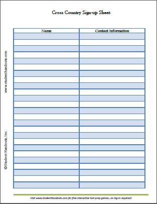 Cross Country Sign-up Sheet - Free to print (PDF file).