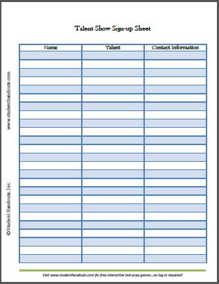 Talent Show Sign-up Sheet - Free to print (PDF file).